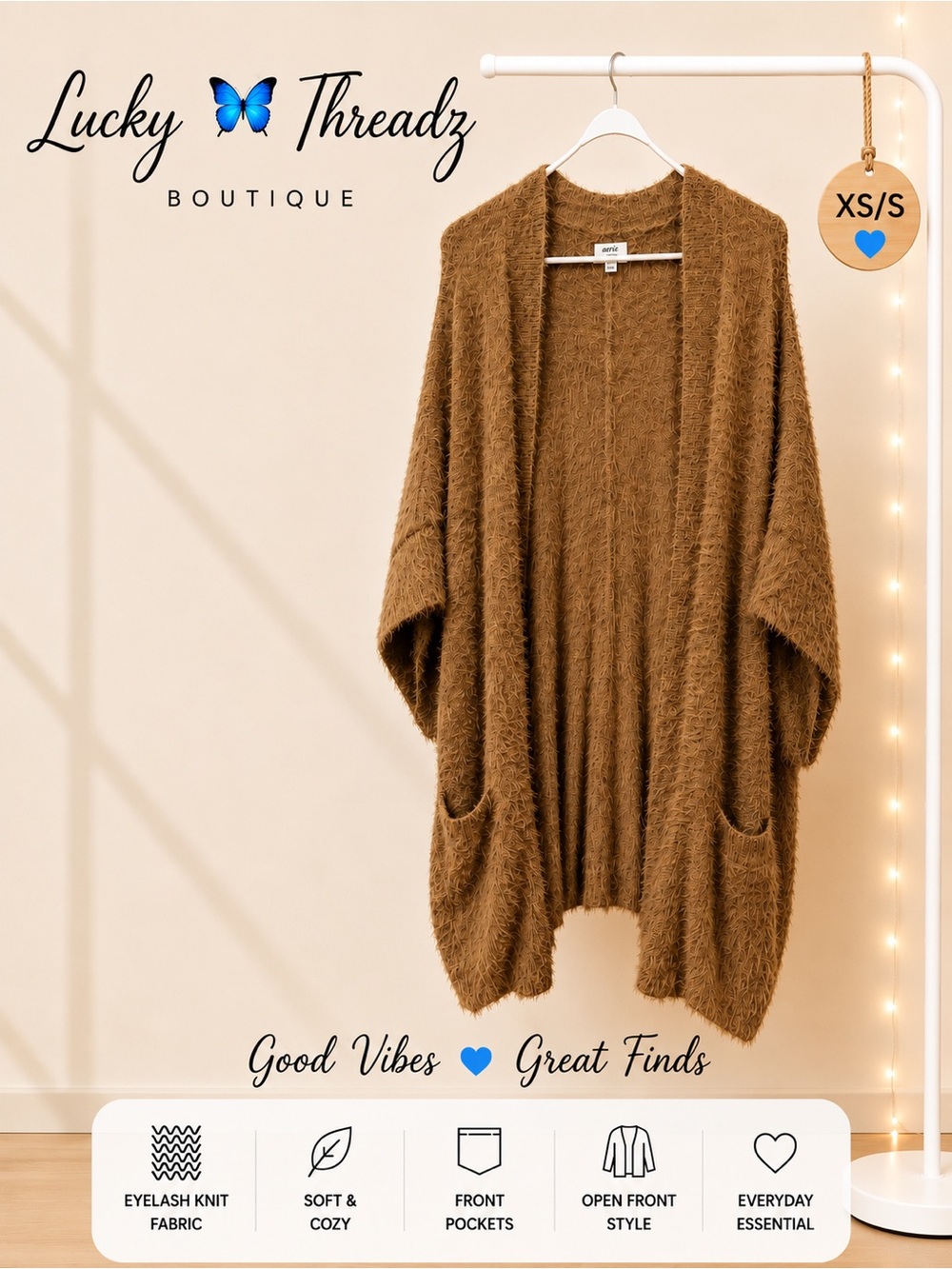 Aerie Eyelash Knit Open Front Cardigan Women XS/S Tan Cozy Oversized Sweater